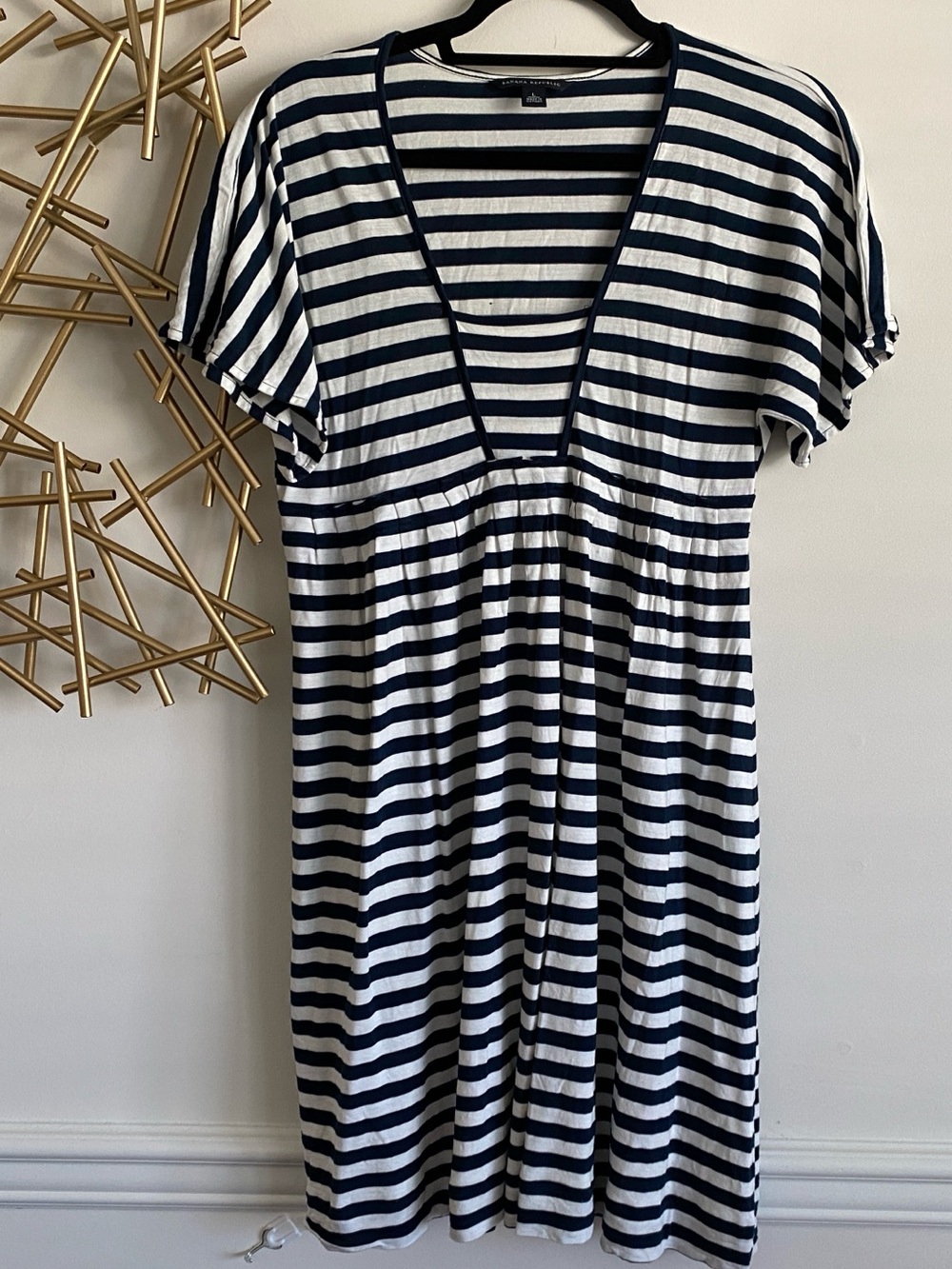 Banana Republic Navy and White Striped Flutter Sleeved Lined Dress - Size L
